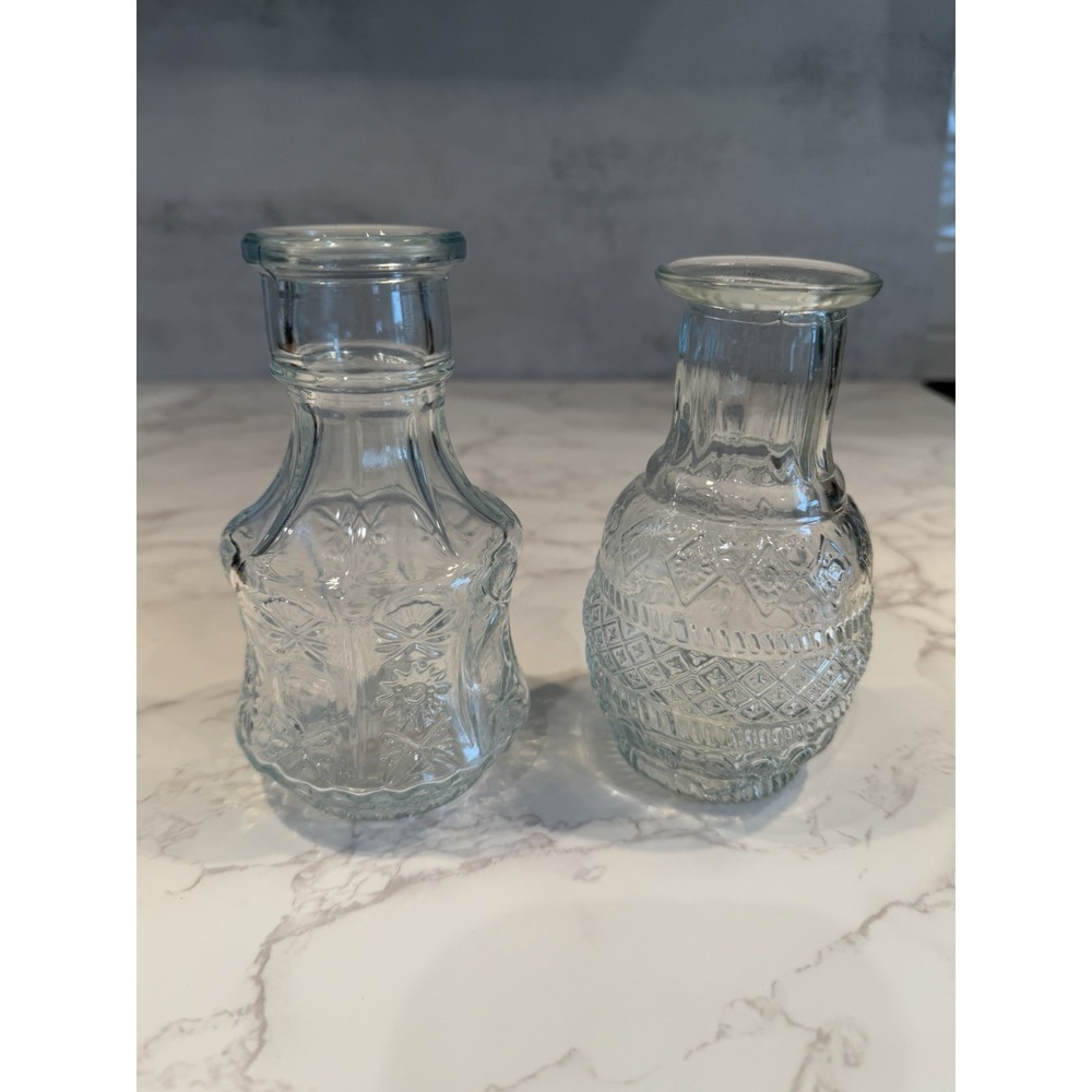 Vintage Pressed Glass Bud Vases Set of 2 Clear Aqua Floral Diamond Pattern 5"